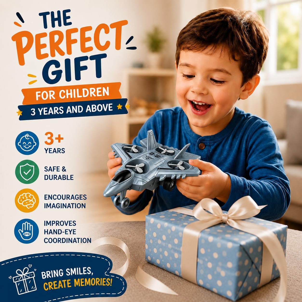 Braintastic 4-in-1 Fighter Jet Toy for Kids with Spinning Propellers, Friction Powered Aircraft, LED Lights & Sound, Military Airplane Toy with Landing Wheels, Gift for Boys & Girls Age 3+ Years