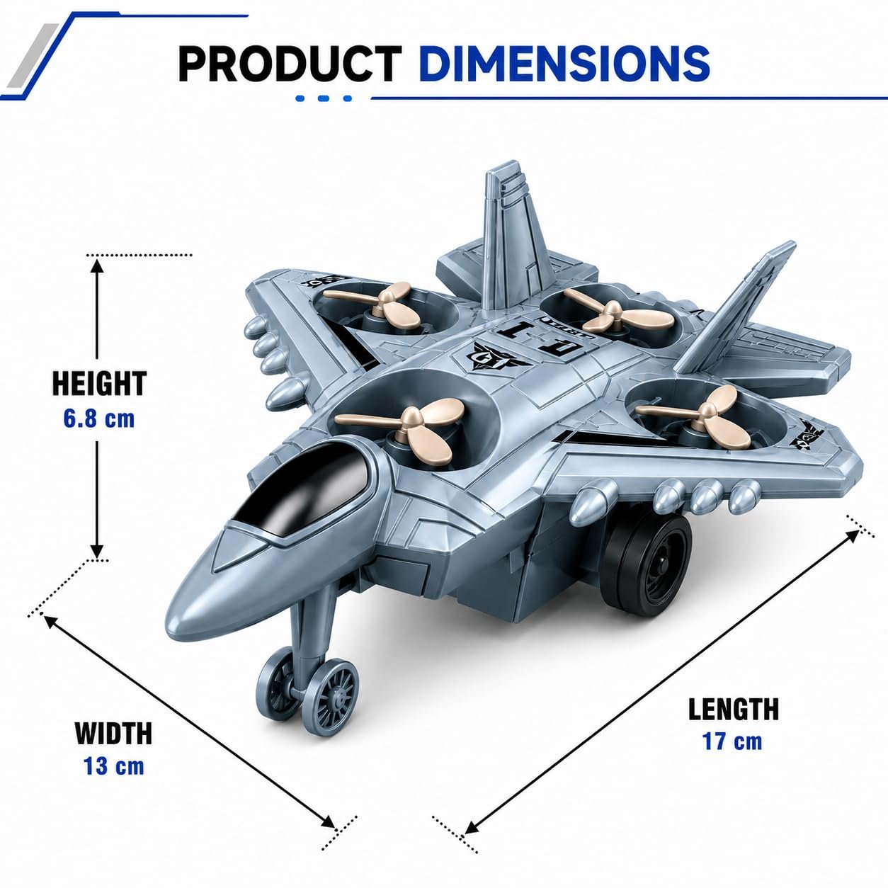 Braintastic 4-in-1 Fighter Jet Toy for Kids with Spinning Propellers, Friction Powered Aircraft, LED Lights & Sound, Military Airplane Toy with Landing Wheels, Gift for Boys & Girls Age 3+ Years