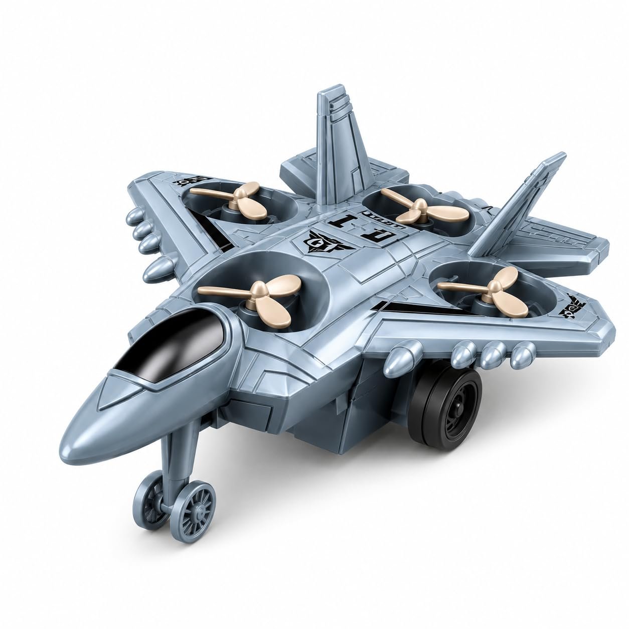 Braintastic 4-in-1 Fighter Jet Toy for Kids with Spinning Propellers, Friction Powered Aircraft, LED Lights & Sound, Military Airplane Toy with Landing Wheels, Gift for Boys & Girls Age 3+ Years