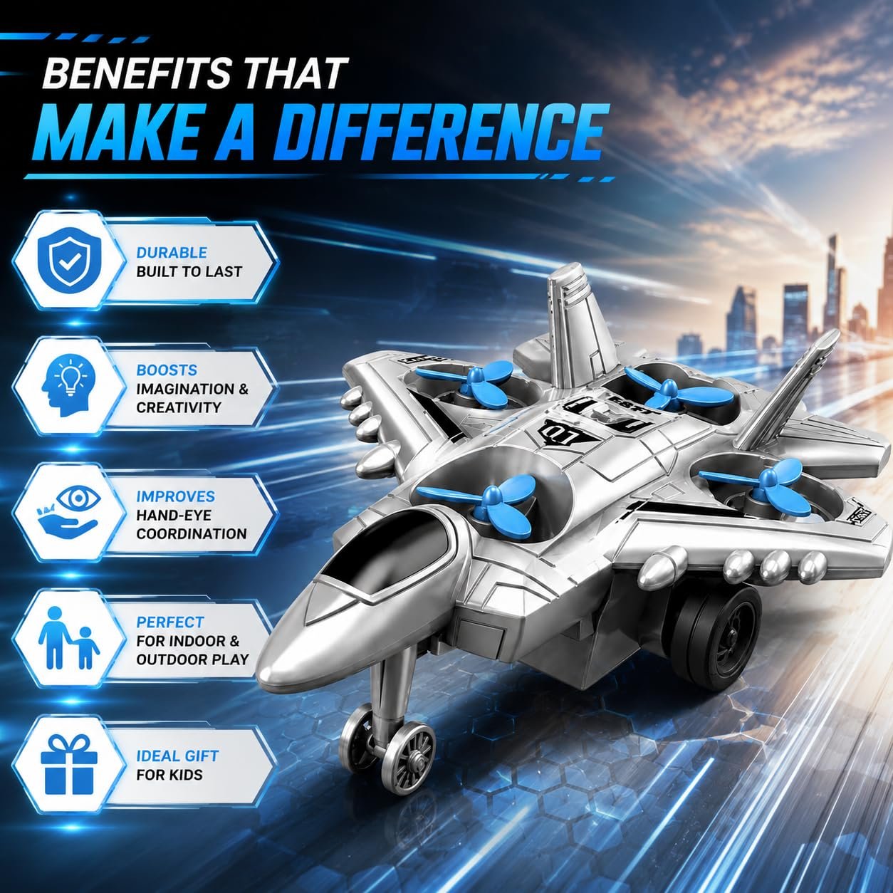 Braintastic 4-in-1 Fighter Jet Toy for Kids with Spinning Propellers, Friction Powered Aircraft, LED Lights & Sound, Military Airplane Toy with Landing Wheels, Gift for Boys & Girls Age 3+ Years