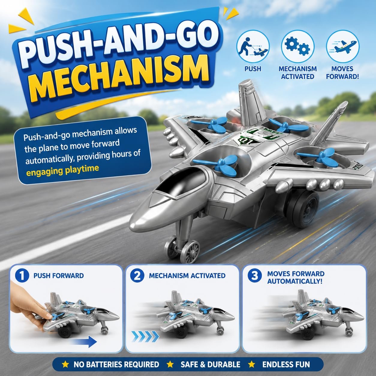 Braintastic 4-in-1 Fighter Jet Toy for Kids with Spinning Propellers, Friction Powered Aircraft, LED Lights & Sound, Military Airplane Toy with Landing Wheels, Gift for Boys & Girls Age 3+ Years
