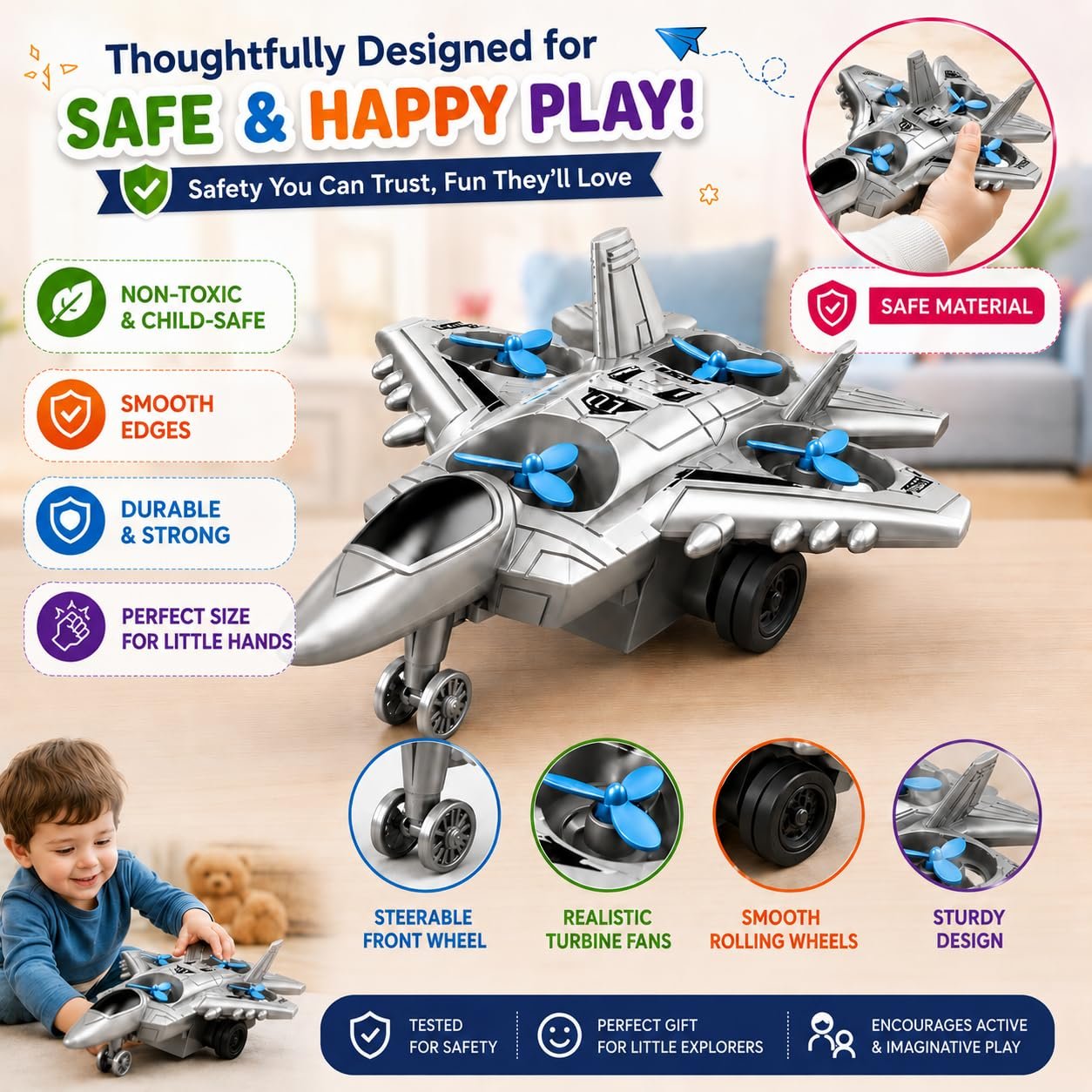 Braintastic 4-in-1 Fighter Jet Toy for Kids with Spinning Propellers, Friction Powered Aircraft, LED Lights & Sound, Military Airplane Toy with Landing Wheels, Gift for Boys & Girls Age 3+ Years