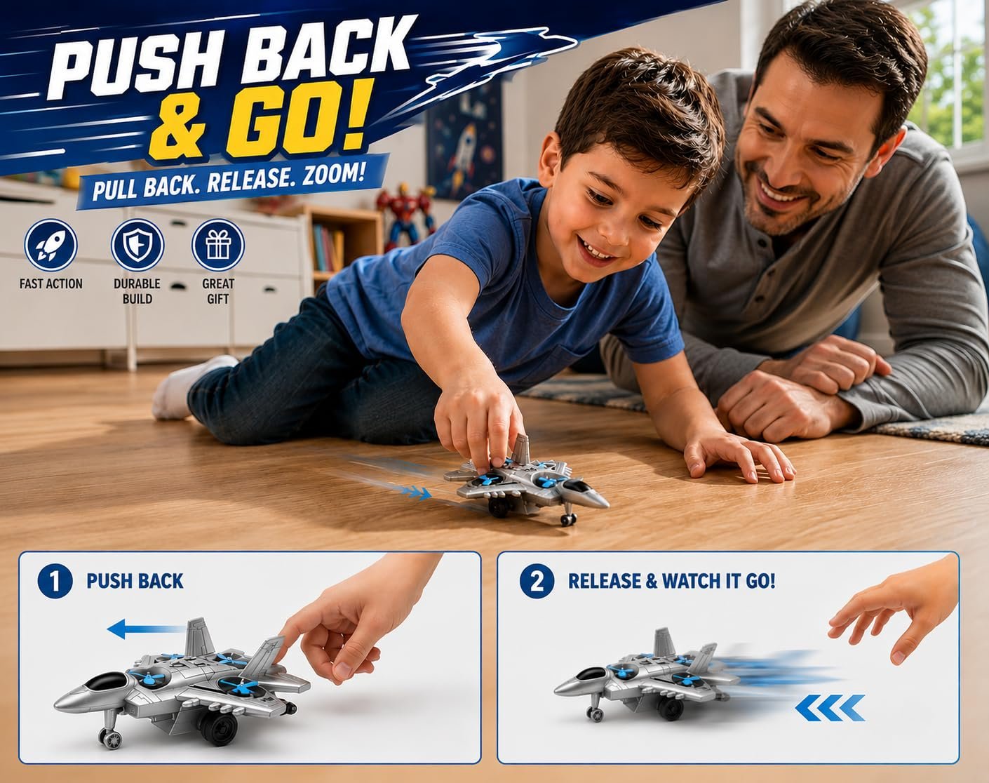 Braintastic 4-in-1 Fighter Jet Toy for Kids with Spinning Propellers, Friction Powered Aircraft, LED Lights & Sound, Military Airplane Toy with Landing Wheels, Gift for Boys & Girls Age 3+ Years