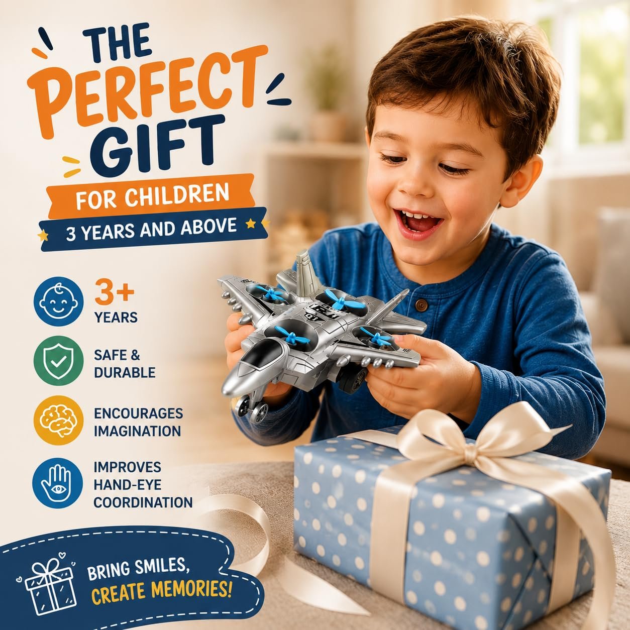 Braintastic 4-in-1 Fighter Jet Toy for Kids with Spinning Propellers, Friction Powered Aircraft, LED Lights & Sound, Military Airplane Toy with Landing Wheels, Gift for Boys & Girls Age 3+ Years