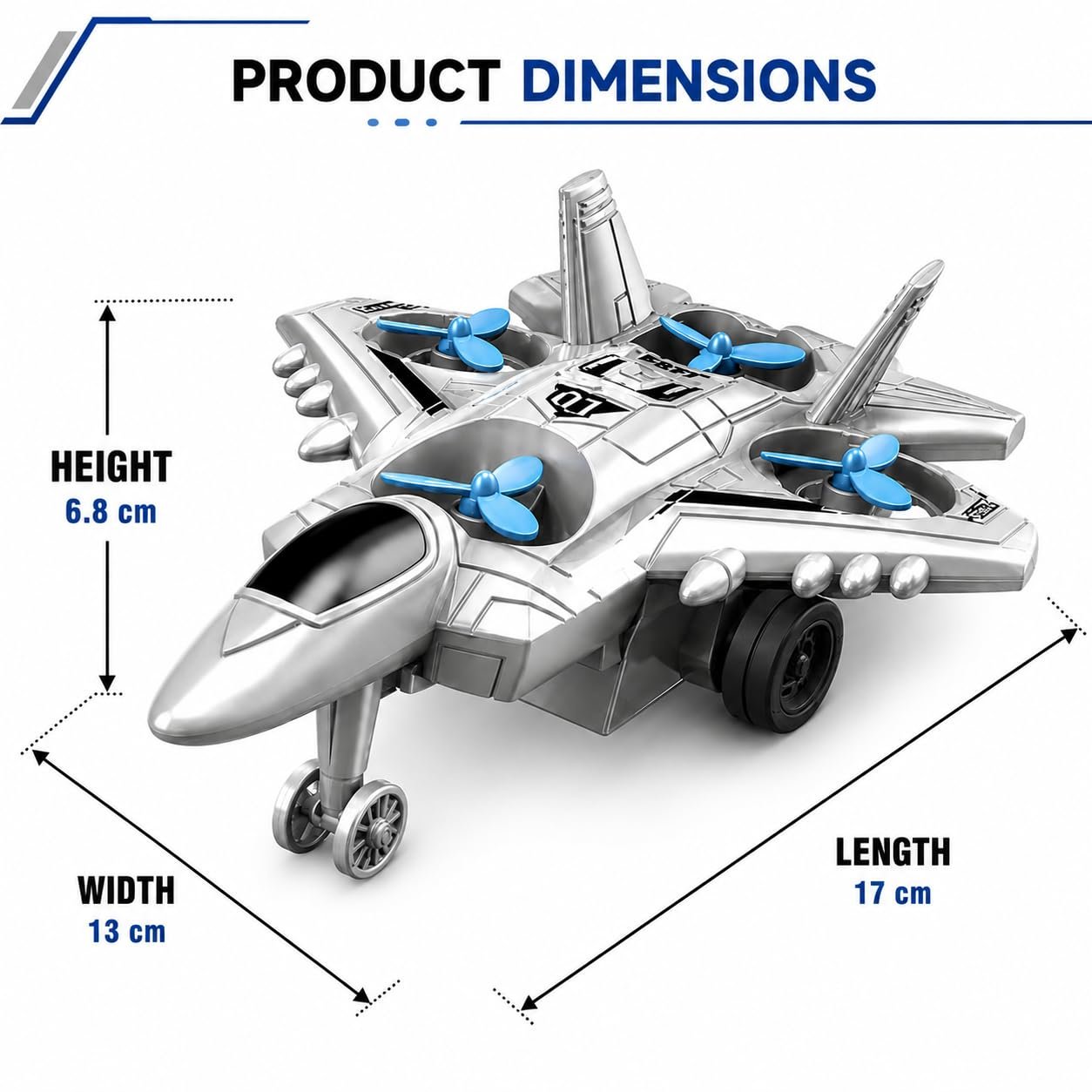 Braintastic 4-in-1 Fighter Jet Toy for Kids with Spinning Propellers, Friction Powered Aircraft, LED Lights & Sound, Military Airplane Toy with Landing Wheels, Gift for Boys & Girls Age 3+ Years