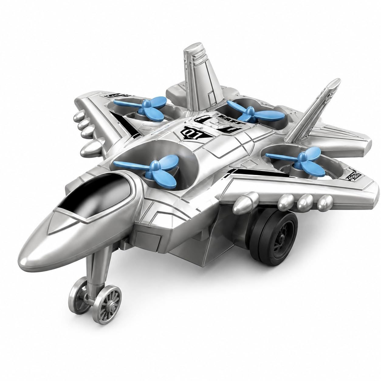 Braintastic 4-in-1 Fighter Jet Toy for Kids with Spinning Propellers, Friction Powered Aircraft, LED Lights & Sound, Military Airplane Toy with Landing Wheels, Gift for Boys & Girls Age 3+ Years