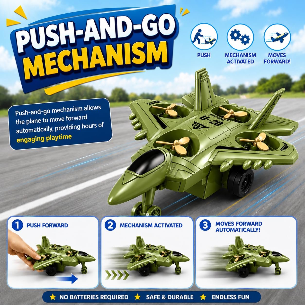 Braintastic 4-in-1 Fighter Jet Toy for Kids with Spinning Propellers, Friction Powered Aircraft, LED Lights & Sound, Military Airplane Toy with Landing Wheels, Gift for Boys & Girls Age 3+ Years
