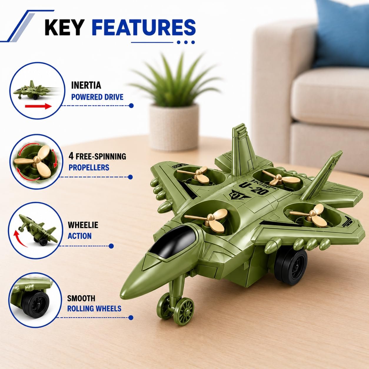 Braintastic 4-in-1 Fighter Jet Toy for Kids with Spinning Propellers, Friction Powered Aircraft, LED Lights & Sound, Military Airplane Toy with Landing Wheels, Gift for Boys & Girls Age 3+ Years