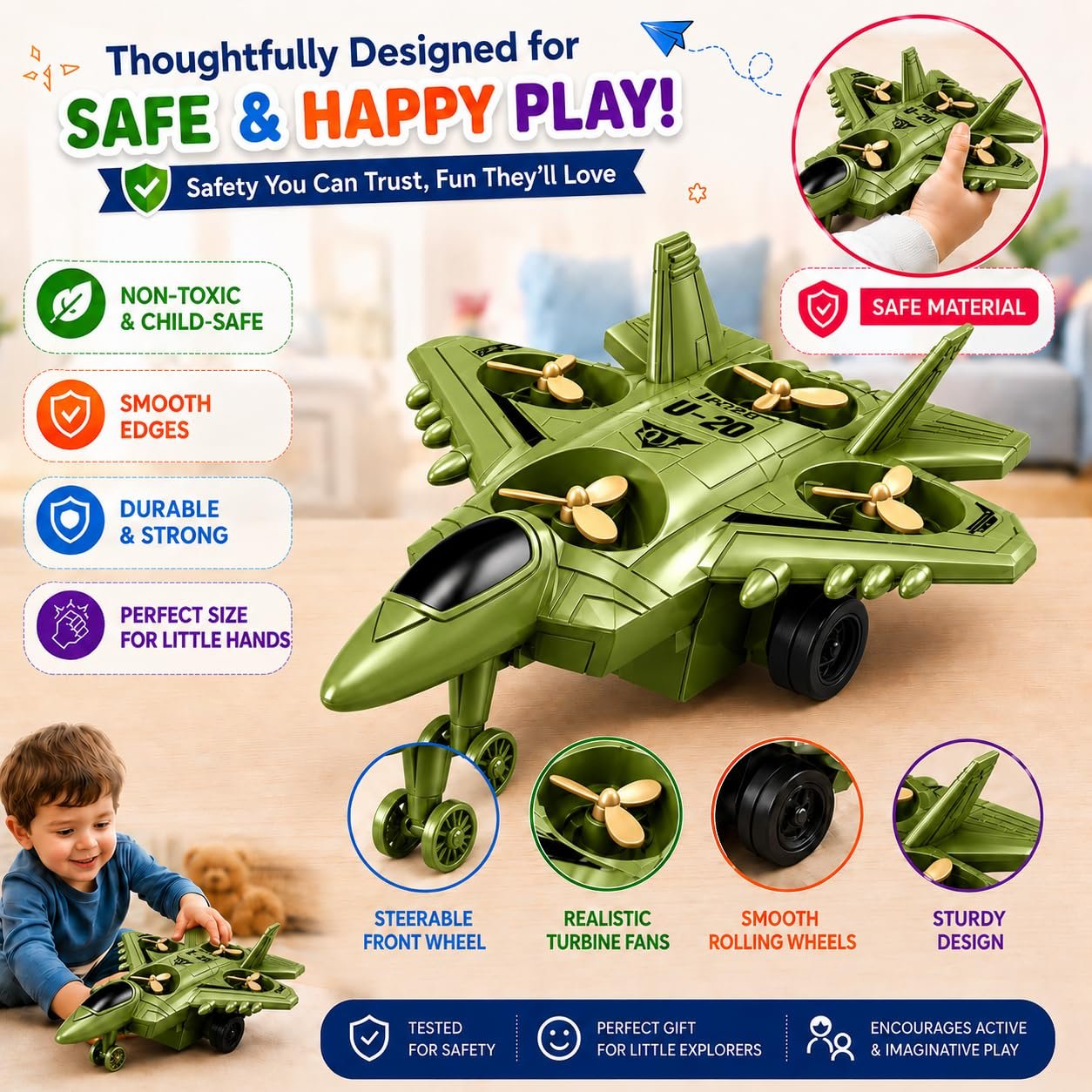Braintastic 4-in-1 Fighter Jet Toy for Kids with Spinning Propellers, Friction Powered Aircraft, LED Lights & Sound, Military Airplane Toy with Landing Wheels, Gift for Boys & Girls Age 3+ Years