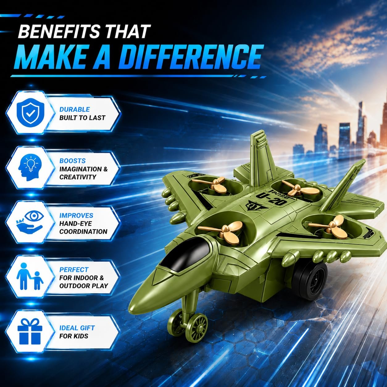 Braintastic 4-in-1 Fighter Jet Toy for Kids with Spinning Propellers, Friction Powered Aircraft, LED Lights & Sound, Military Airplane Toy with Landing Wheels, Gift for Boys & Girls Age 3+ Years