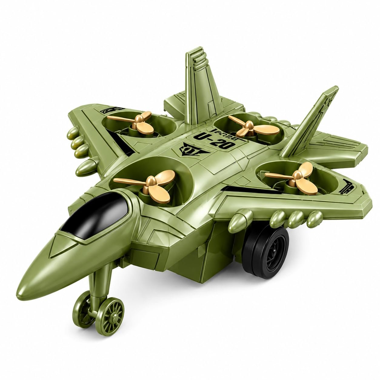 Braintastic 4-in-1 Fighter Jet Toy for Kids with Spinning Propellers, Friction Powered Aircraft, LED Lights & Sound, Military Airplane Toy with Landing Wheels, Gift for Boys & Girls Age 3+ Years