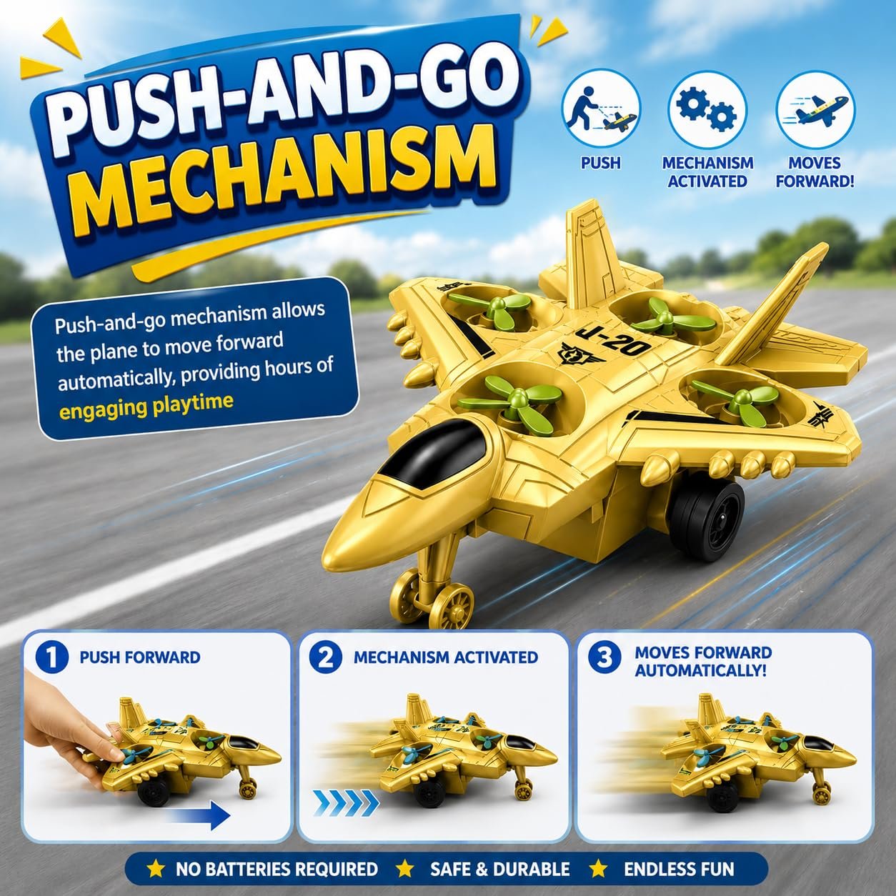 Braintastic 4-in-1 Fighter Jet Toy for Kids with Spinning Propellers, Friction Powered Aircraft, LED Lights & Sound, Military Airplane Toy with Landing Wheels, Gift for Boys & Girls Age 3+ Years
