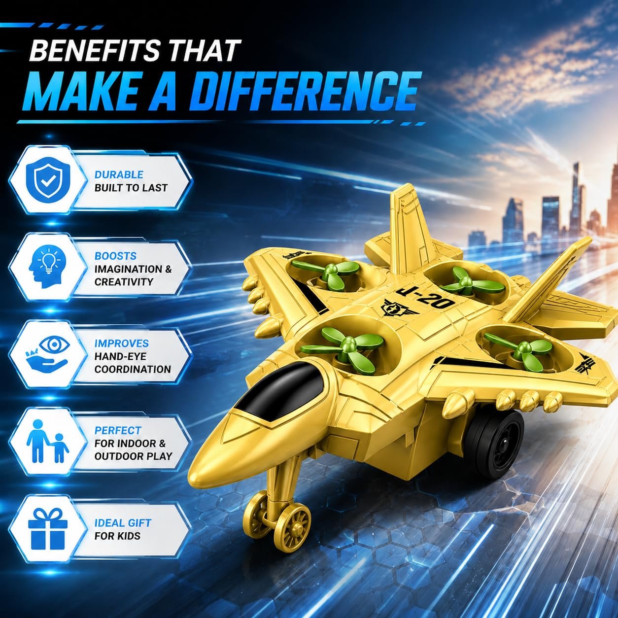 Braintastic 4-in-1 Fighter Jet Toy for Kids with Spinning Propellers, Friction Powered Aircraft, LED Lights & Sound, Military Airplane Toy with Landing Wheels, Gift for Boys & Girls Age 3+ Years