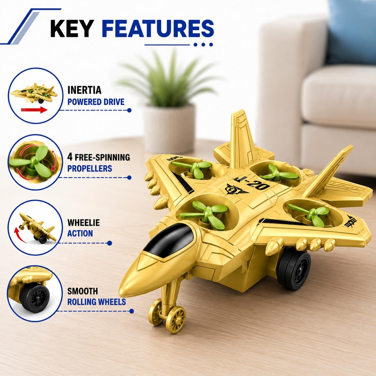 Braintastic 4-in-1 Fighter Jet Toy for Kids with Spinning Propellers, Friction Powered Aircraft, LED Lights & Sound, Military Airplane Toy with Landing Wheels, Gift for Boys & Girls Age 3+ Years