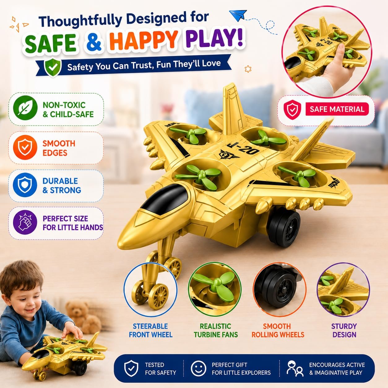 Braintastic 4-in-1 Fighter Jet Toy for Kids with Spinning Propellers, Friction Powered Aircraft, LED Lights & Sound, Military Airplane Toy with Landing Wheels, Gift for Boys & Girls Age 3+ Years