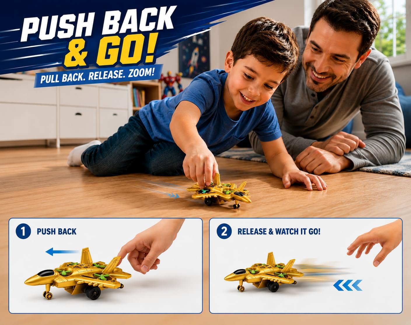 Braintastic 4-in-1 Fighter Jet Toy for Kids with Spinning Propellers, Friction Powered Aircraft, LED Lights & Sound, Military Airplane Toy with Landing Wheels, Gift for Boys & Girls Age 3+ Years