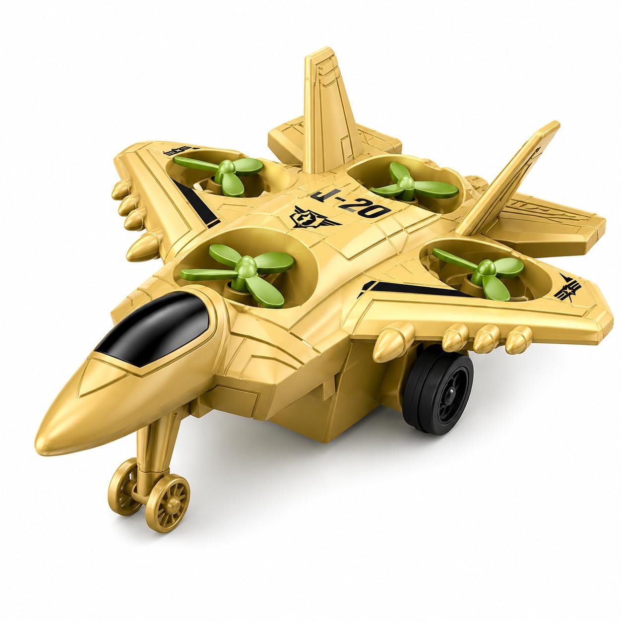 Braintastic 4-in-1 Fighter Jet Toy for Kids with Spinning Propellers, Friction Powered Aircraft, LED Lights & Sound, Military Airplane Toy with Landing Wheels, Gift for Boys & Girls Age 3+ Years