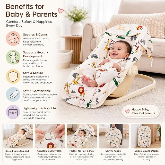 Braintastic Baby Rocker Chair for Newborn, Portable Infant Bouncer Seat with Soft Printed Cushion, Comfortable Baby Resting & Relaxing Chair for Boys & Girls
