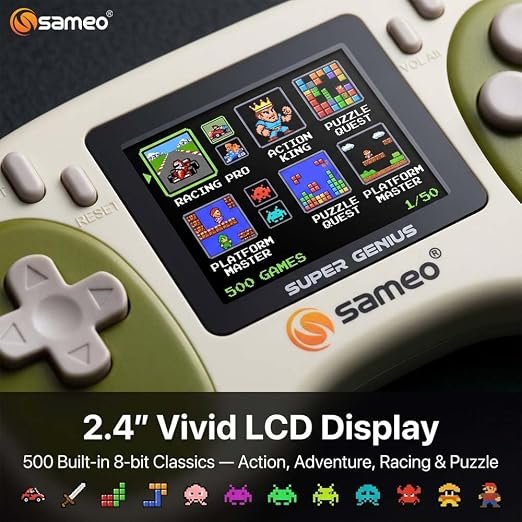 Sameo Super Genius Handheld Gaming Console | 500+ Built-in Classic Retro 8-Bit Games | 2.4" LCD Color Display | 600mAh Rechargeable Battery | Portable Gaming Device for Kids & Adults - Matcha Cream