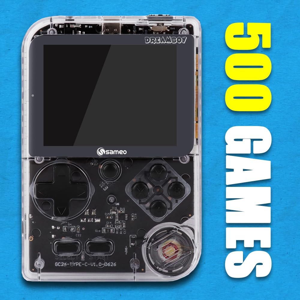 Sameo Handheld Video Game Console, Dreamboy Retro Mini Game with 500 Classic Retro Game TV Compatible for Kids, Rechargeable 8 Bit Classic (Ice Crystal)