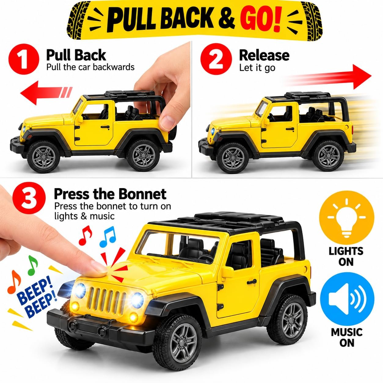Braintastic Model Diecast Car Toy Vehicle Pull Back Friction with Openable Doors Light & Music Toys for Kids Age 3+ Years (Thar Jeep Small Yellow)