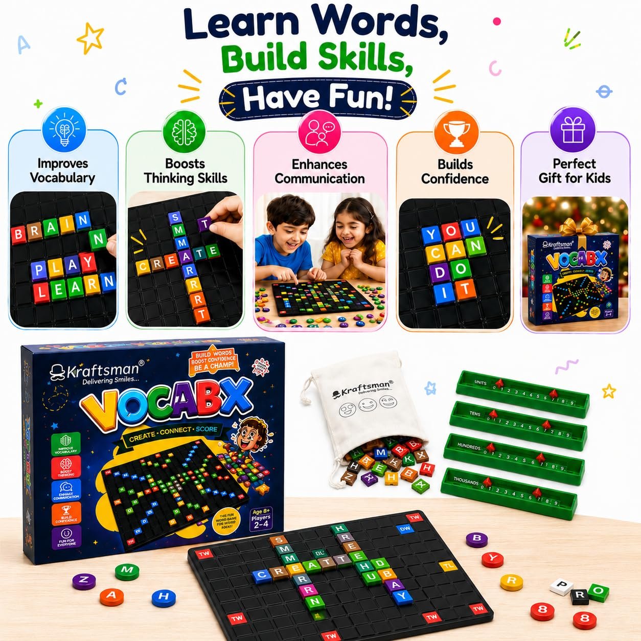 Braintastic VocabX Word Board Game for Kids 8+ | Educational Word Building & Vocabulary Game | Crossword Style Family Game for 2–4 Players