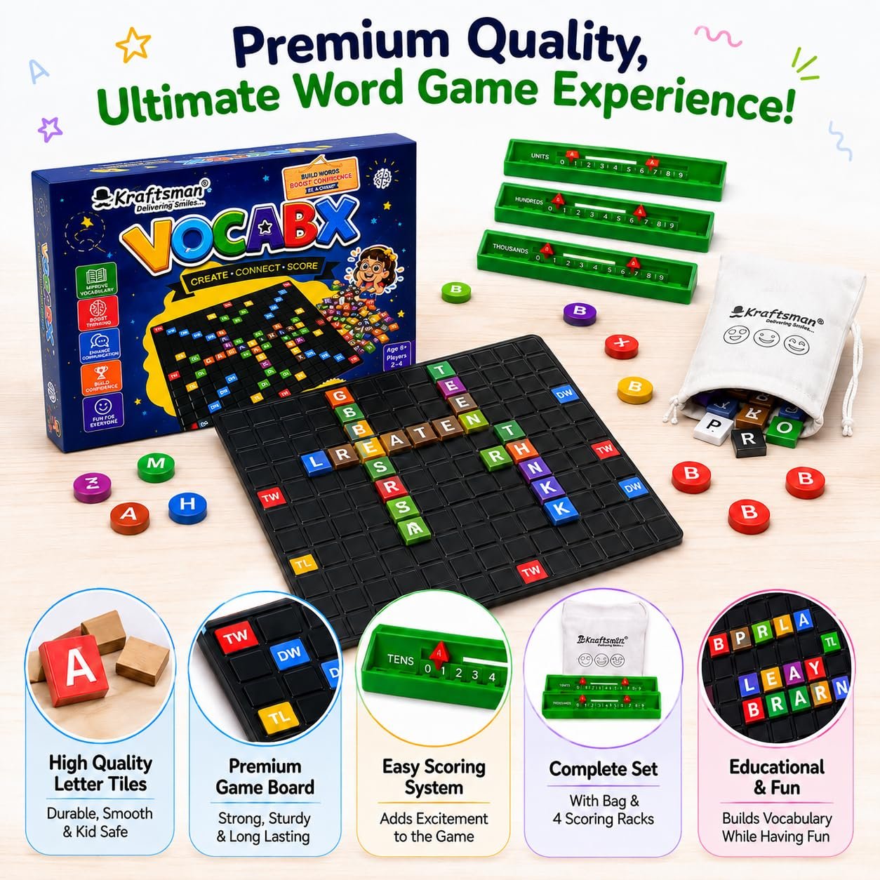 Braintastic VocabX Word Board Game for Kids 8+ | Educational Word Building & Vocabulary Game | Crossword Style Family Game for 2–4 Players