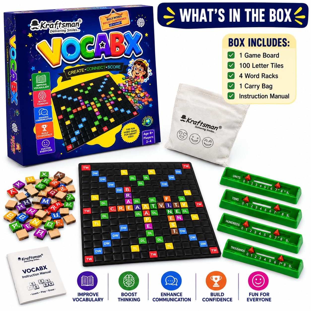 Braintastic VocabX Word Board Game for Kids 8+ | Educational Word Building & Vocabulary Game | Crossword Style Family Game for 2–4 Players
