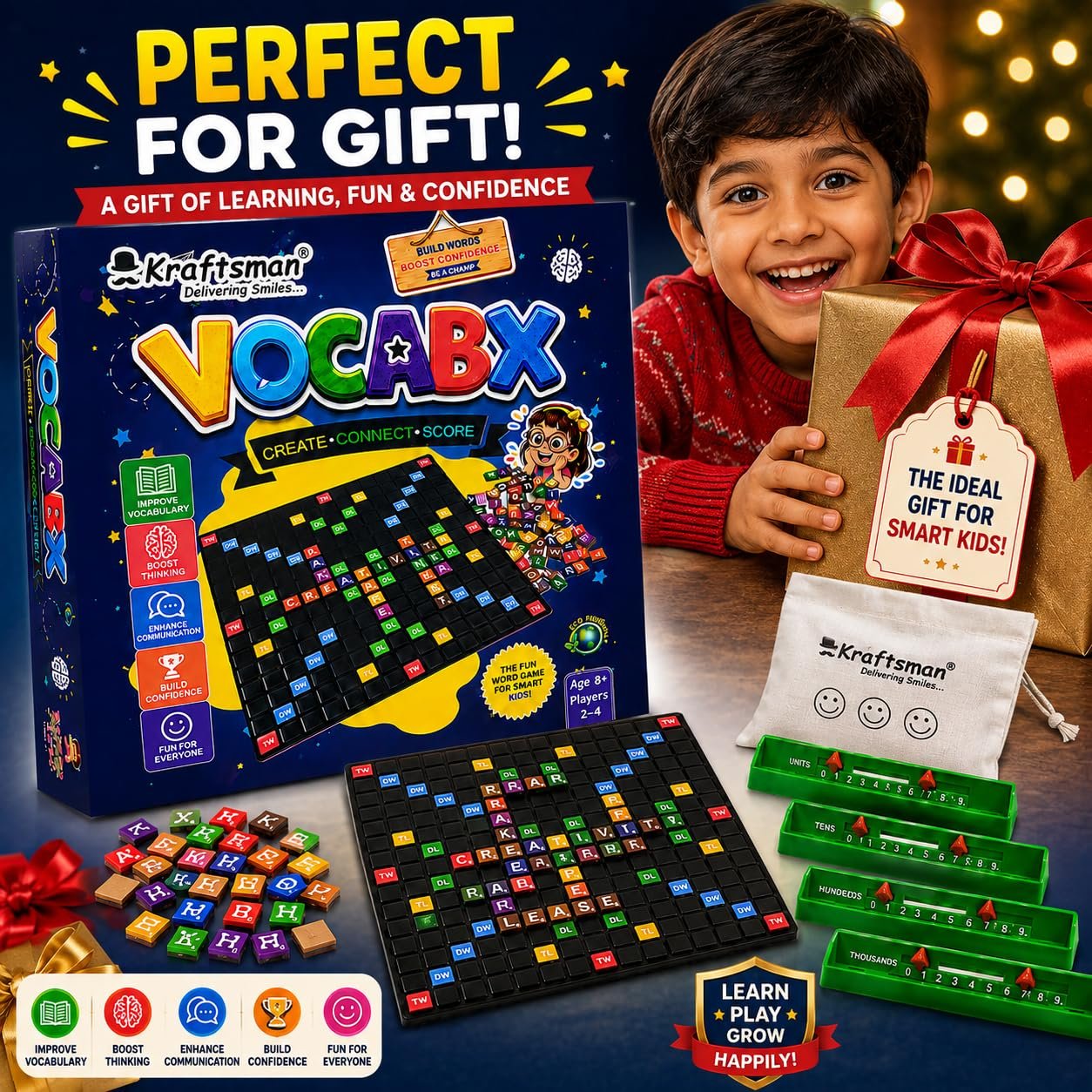 Braintastic VocabX Word Board Game for Kids 8+ | Educational Word Building & Vocabulary Game | Crossword Style Family Game for 2–4 Players