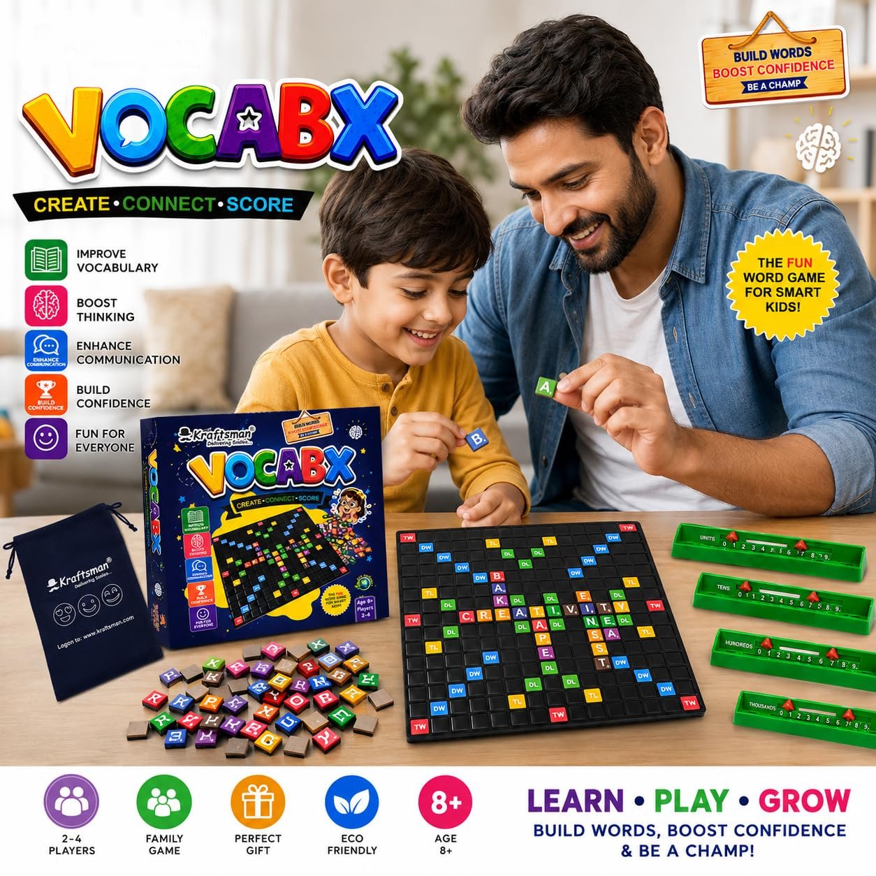 Braintastic VocabX Word Board Game for Kids 8+ | Educational Word Building & Vocabulary Game | Crossword Style Family Game for 2–4 Players