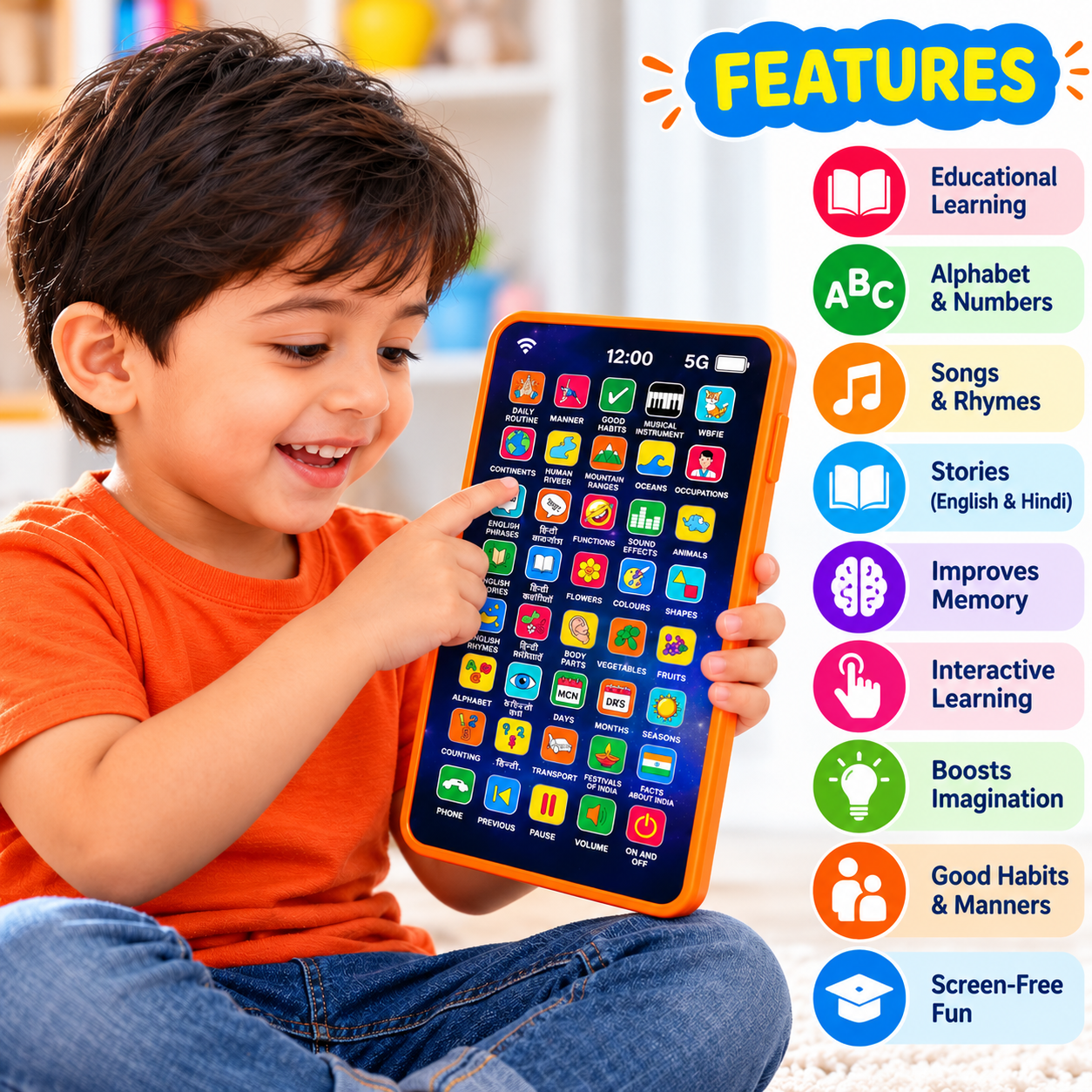 Edu Phone 45 Buttons Interactive Educational Learning Toy for Kids | Hindi & English | USB Type-C Rechargeable | Age 2+ Years